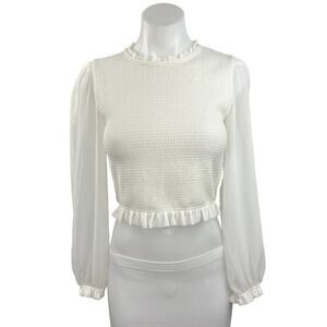 Aritzia Wilfred Women's White Puff Sleeve Smocked Ruffle Peplum Sweater Top Sz S